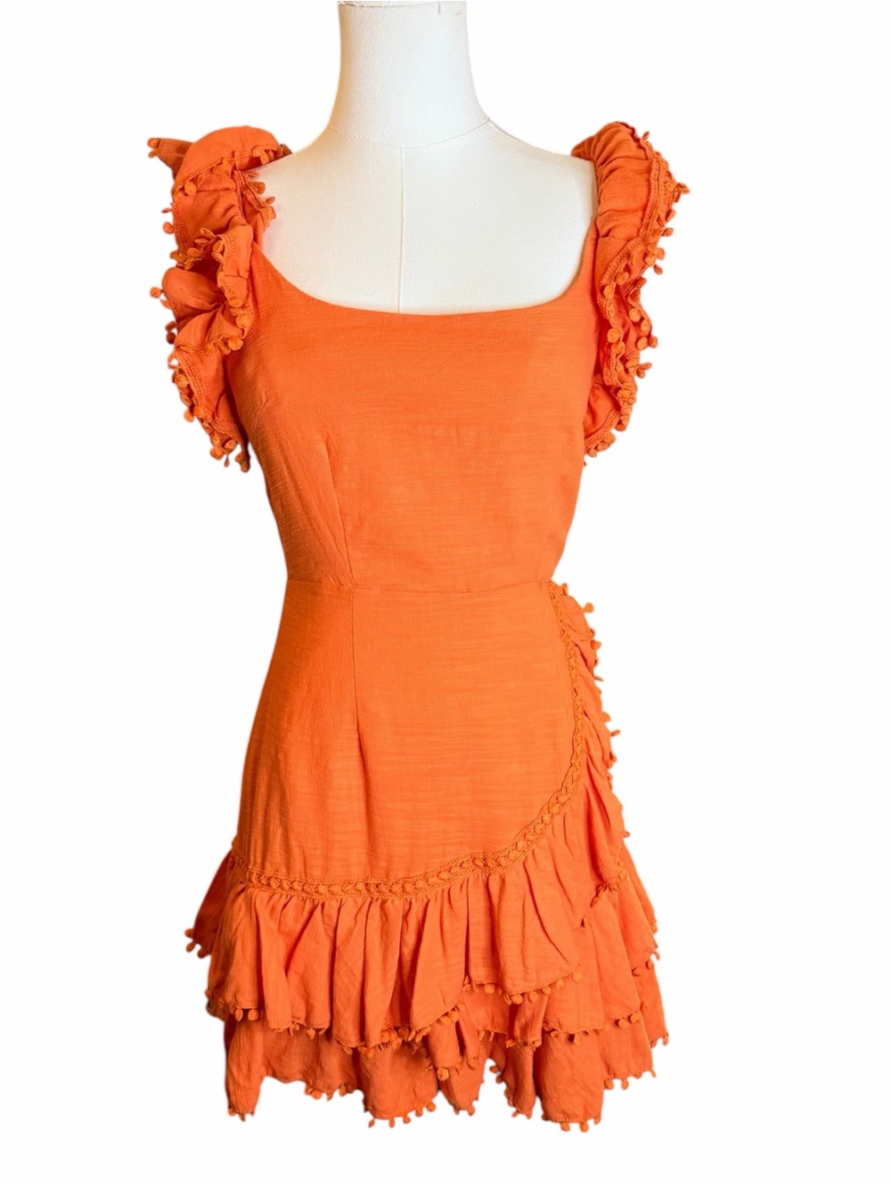 Selfie Leslie Orange Ruffle Mini Dress Pom Trim Cottagecore XS